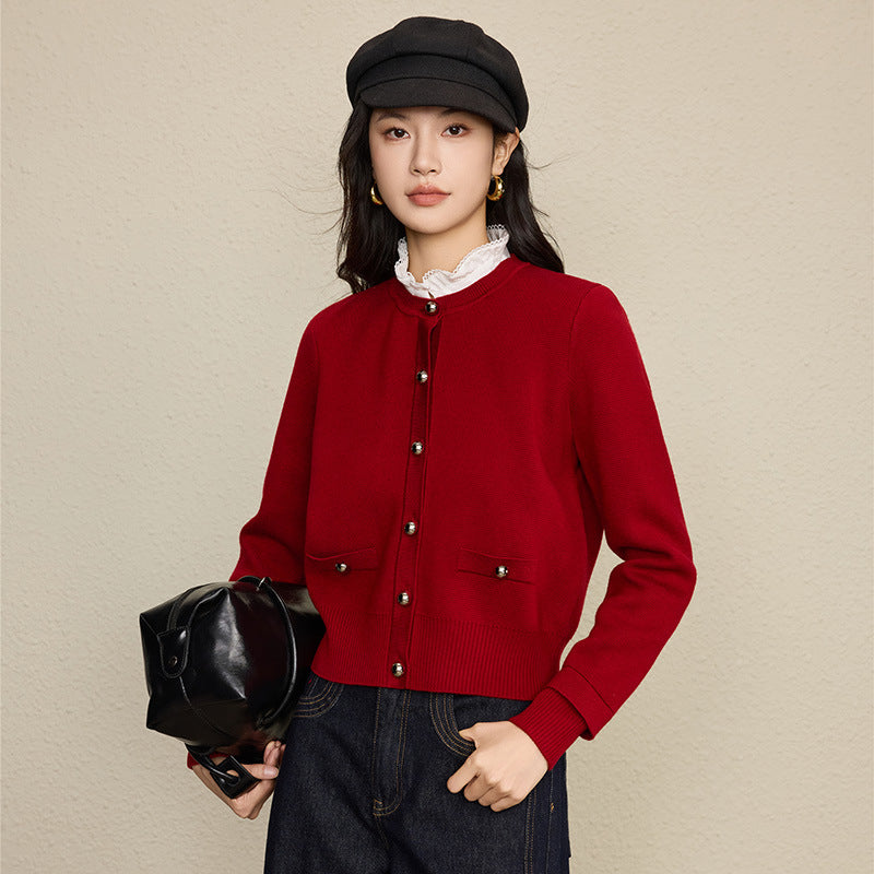 The Lace-Collar Pocket Knit Cardigan Chestnut Red FB4C2A8C466C154BBA0EABAD71479F0A