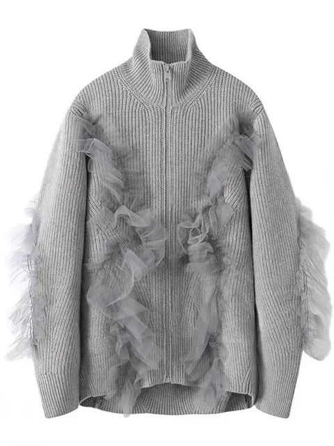 The Sheer-Panel Stand-Collar Zip Cardigan Gray FE6F29DEF860A0659B12E7A738CDBA61