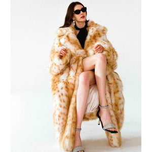 Women's Leopard Print Faux Fur Coat | Lace-Up Long Coat Yellow FFDF07F775032AC7109BE950541D6CFE