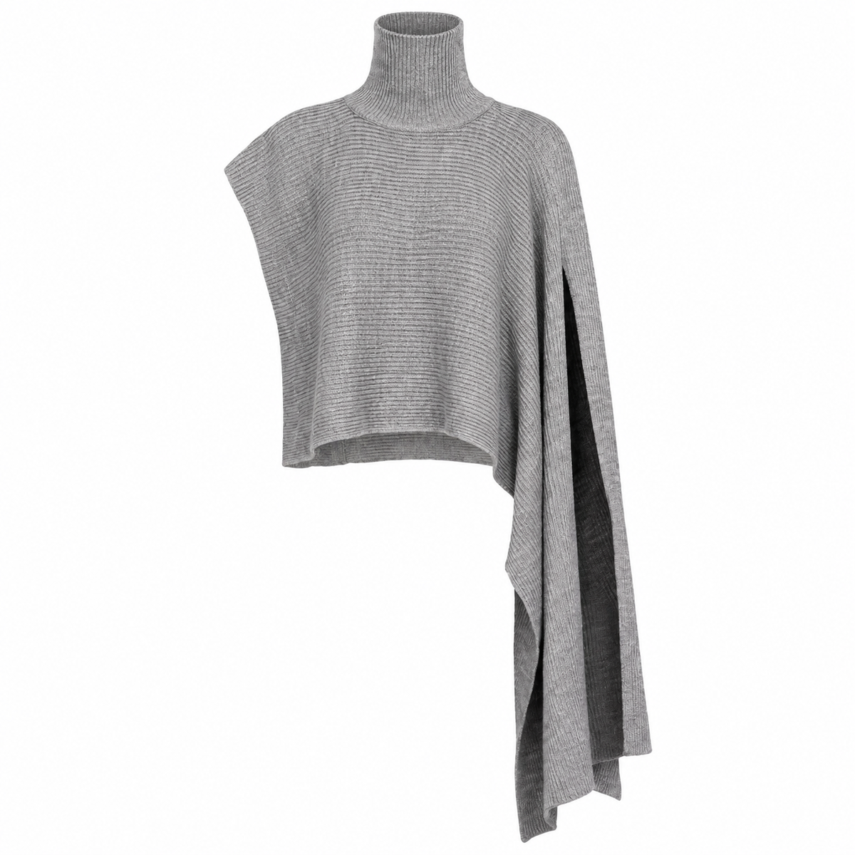 The Sculpted High-Neck Asymmetric Cape Sweater Gray GrayAsymmetricalRib-KnitTurtleneckPoncho