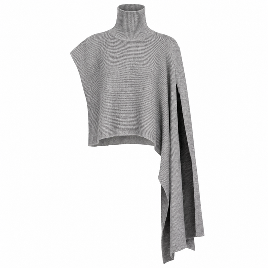The Sculpted High-Neck Asymmetric Cape Sweater Gray GrayAsymmetricalRib-KnitTurtleneckPoncho