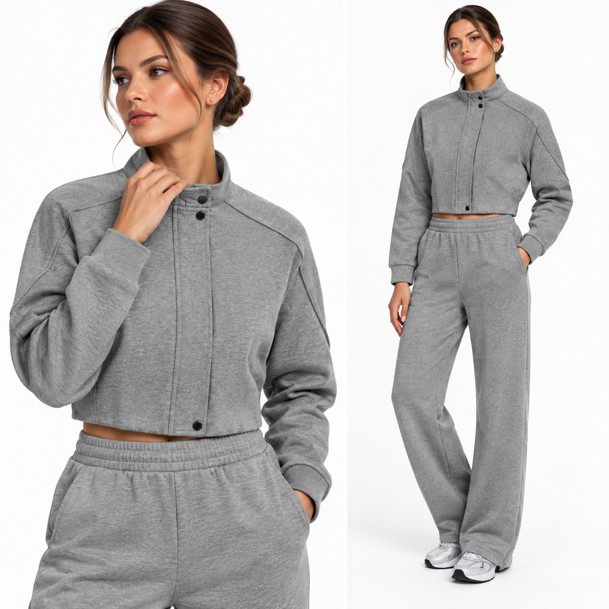 The Cropped Stand-Collar Button-Front Jacket GrayAthleisureSetStudioEditorial