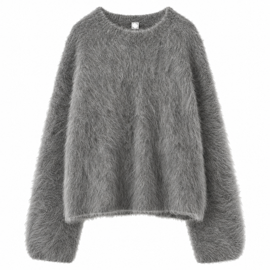 The Alpaca Relaxed Crewneck Sweater GrayFuzzyMohairSweateronWhite