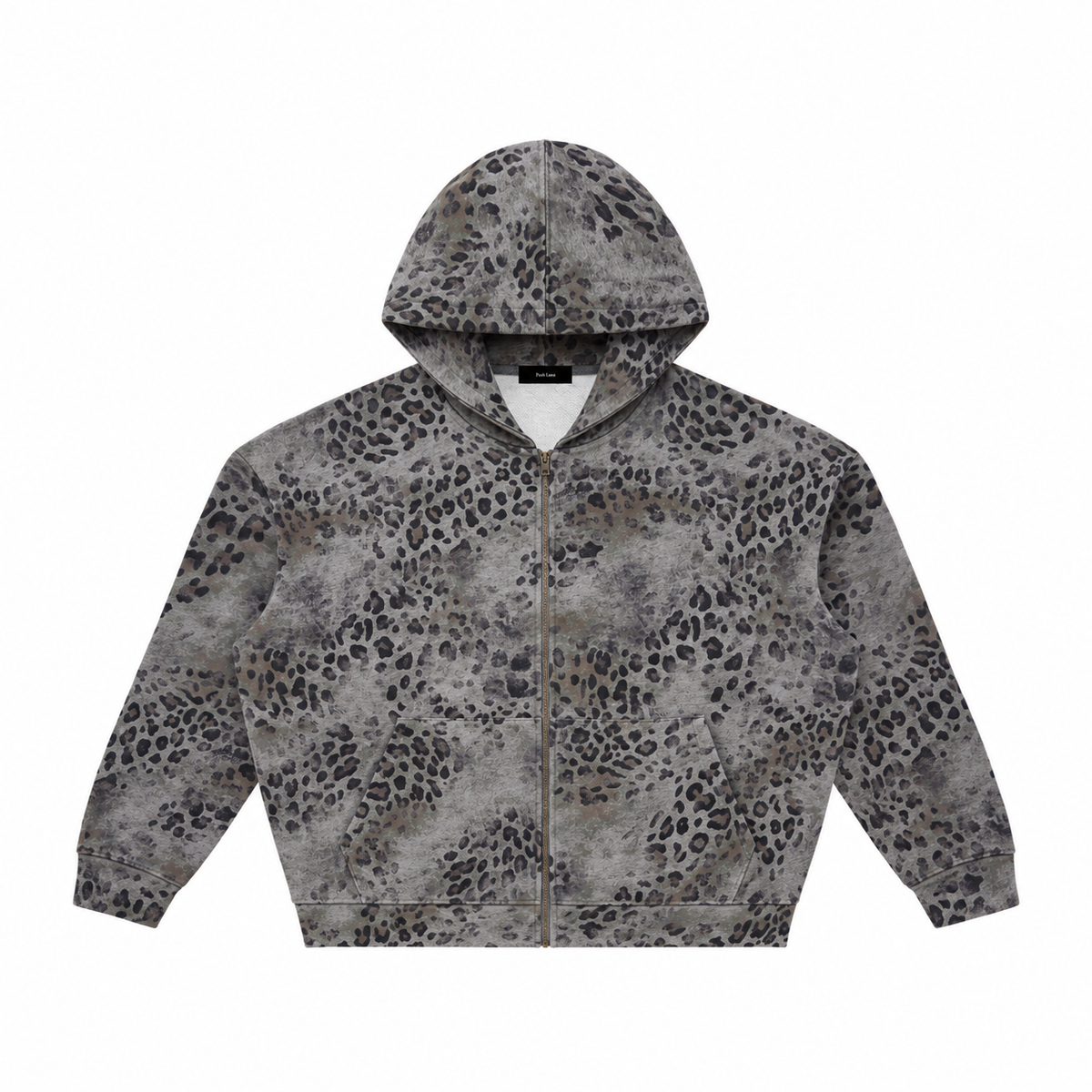 Unisex Vintage Wash Leopard Full Zip Hoodie Leopard Dark Gray GrayLeopard-PrintZipHoodie