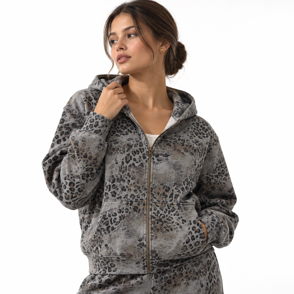 Unisex Vintage Wash Leopard Full Zip Hoodie GrayLeopardPrintHoodiePortrait