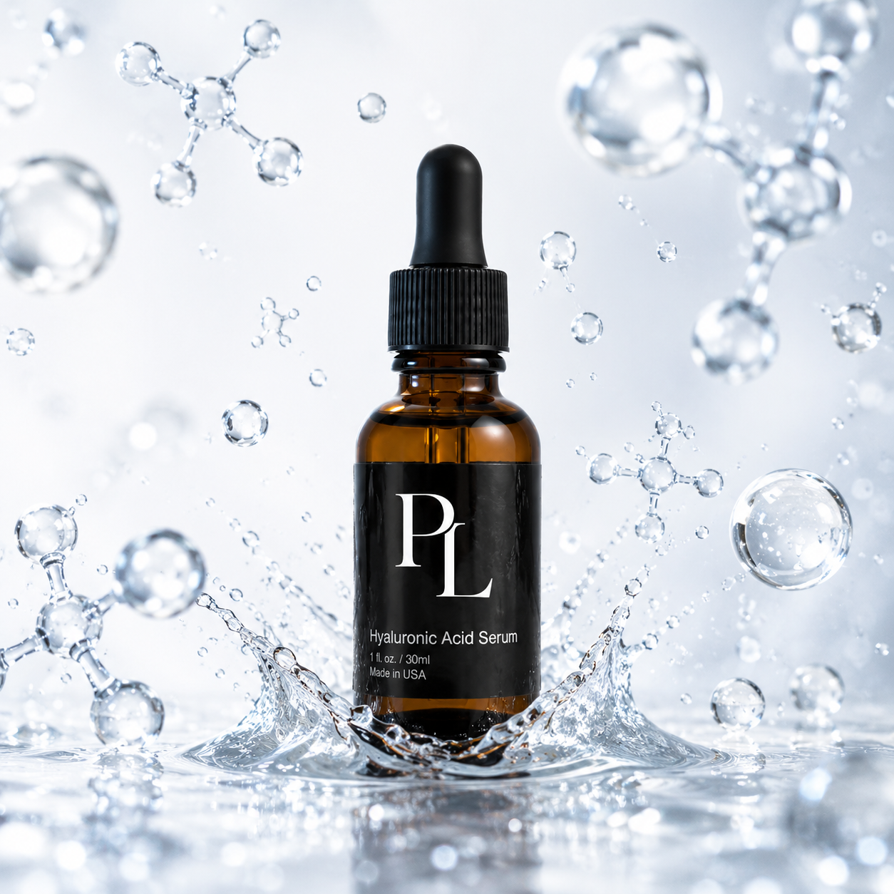 Hyaluronic Acid Serum bottle with dropper on a water splash background