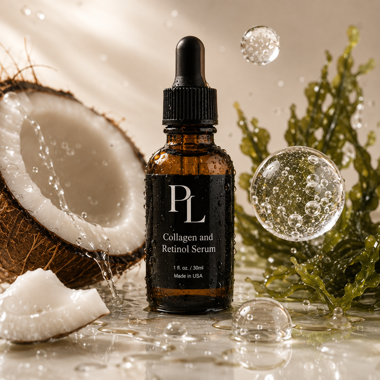 Collagen and Retinol Serum bottle with coconut and seaweed in a natural setting