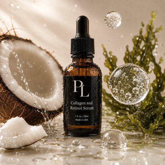 Collagen and Retinol Serum bottle with coconut and seaweed in a natural setting