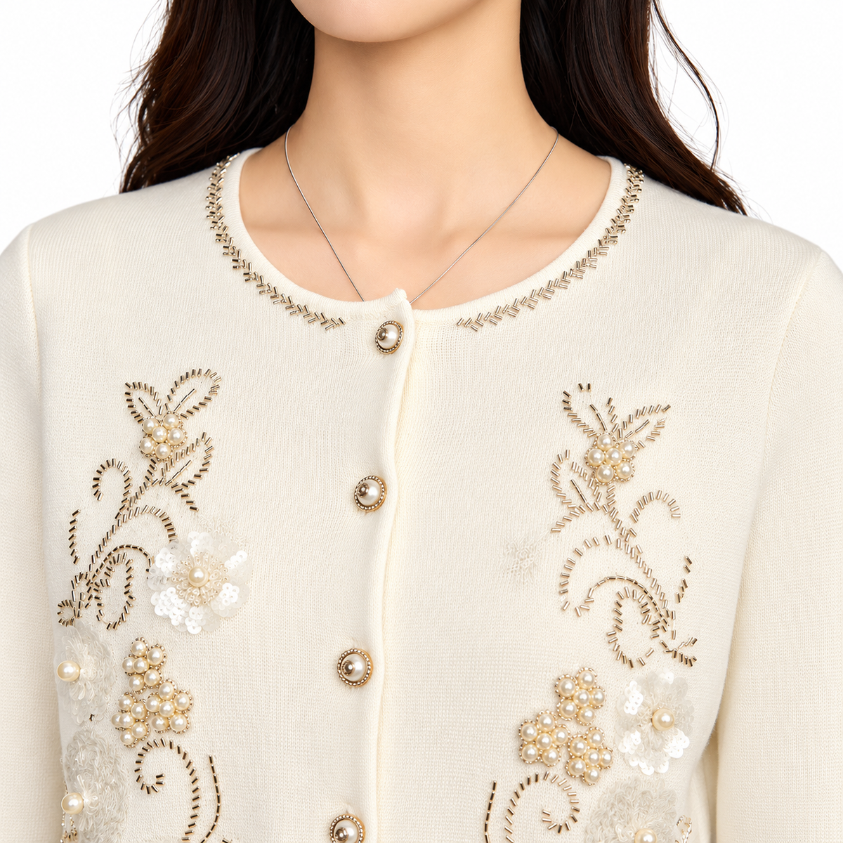 The Refined Round-Neck Knit Cardigan IvoryEmbellishedPearl-TrimCardigan