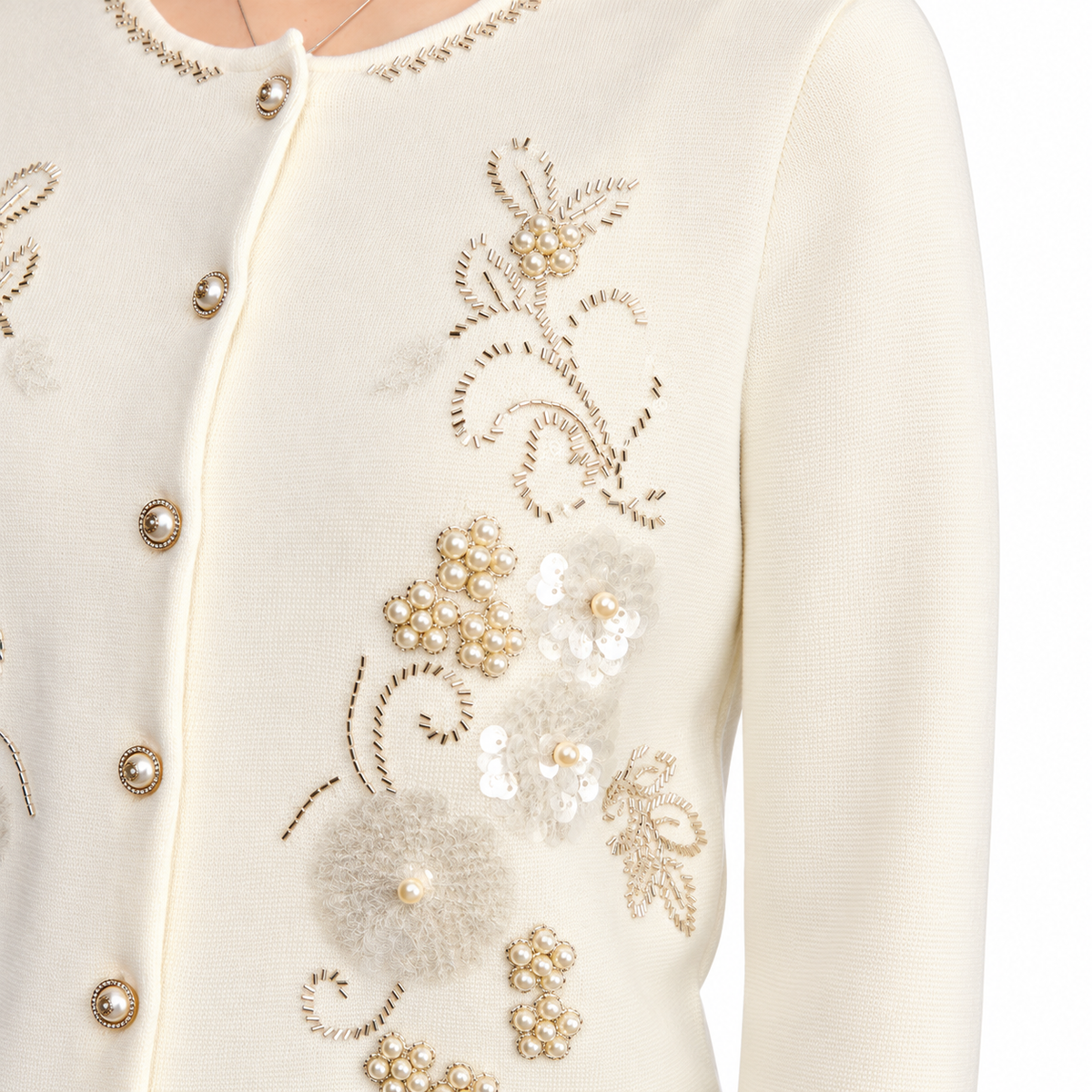 The Refined Round-Neck Knit Cardigan IvoryEmbellishedPearlCardigan