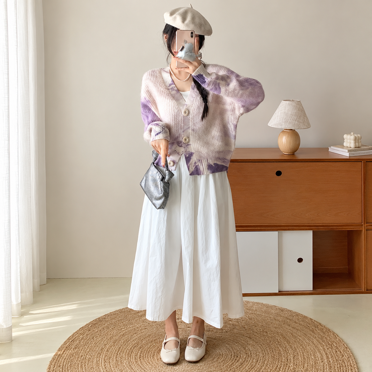 The Contrast Panel V-Neck Cardigan LavenderKnitMirrorSelfie
