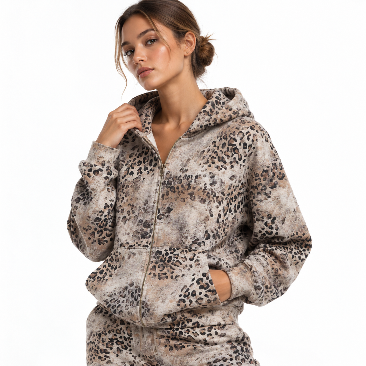 Unisex Vintage Wash Leopard Full Zip Hoodie LeopardPrintHoodieEditorialPortrait
