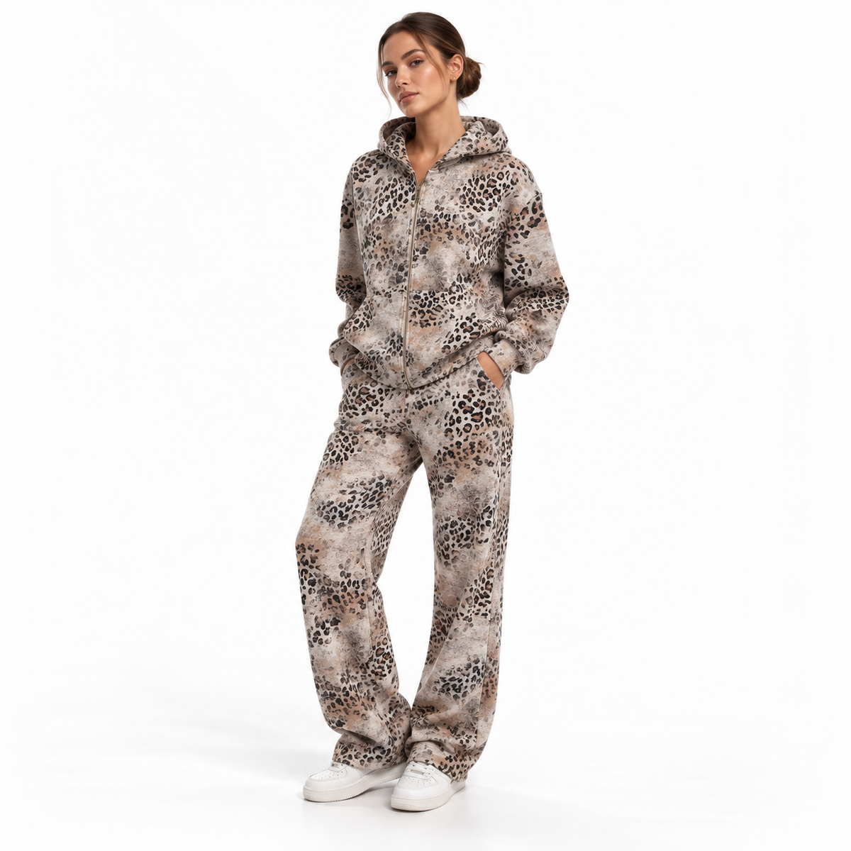 Unisex Vintage Wash Leopard Full Zip Hoodie LeopardPrintTracksuitStudioPortrait