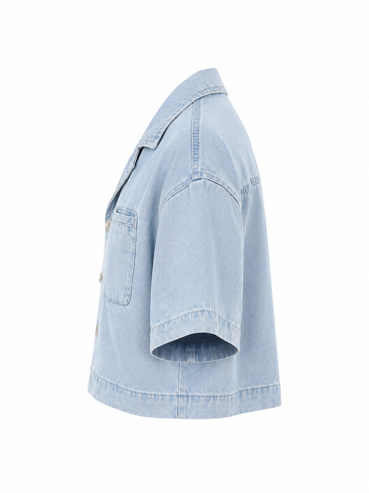 Vintage Wash Boxy Cropped Lyocell Shirt for Women Lightbluedenimcroppedshirtdetail