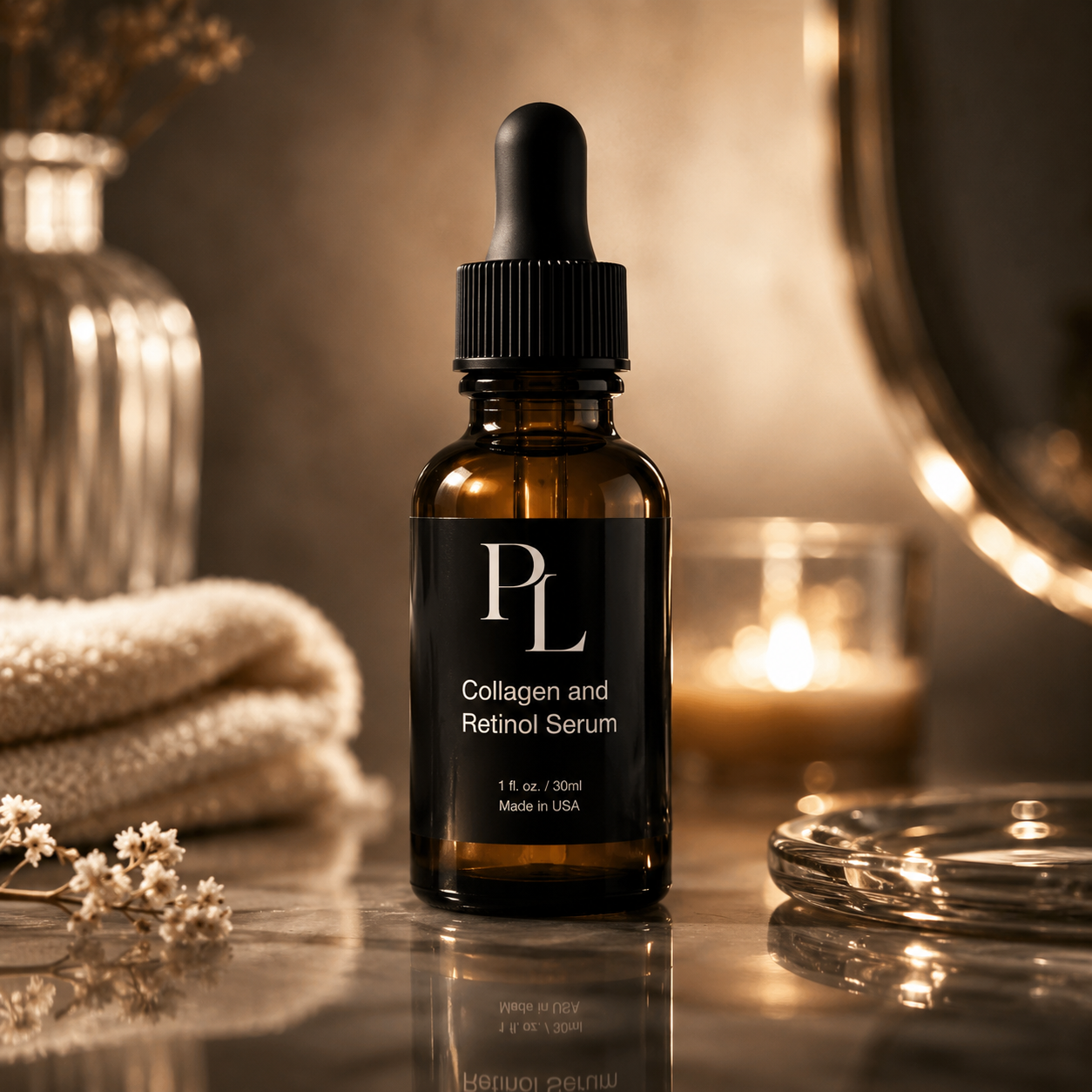 Collagen and Retinol Serum bottle with dropper on a reflective surface with soft lighting