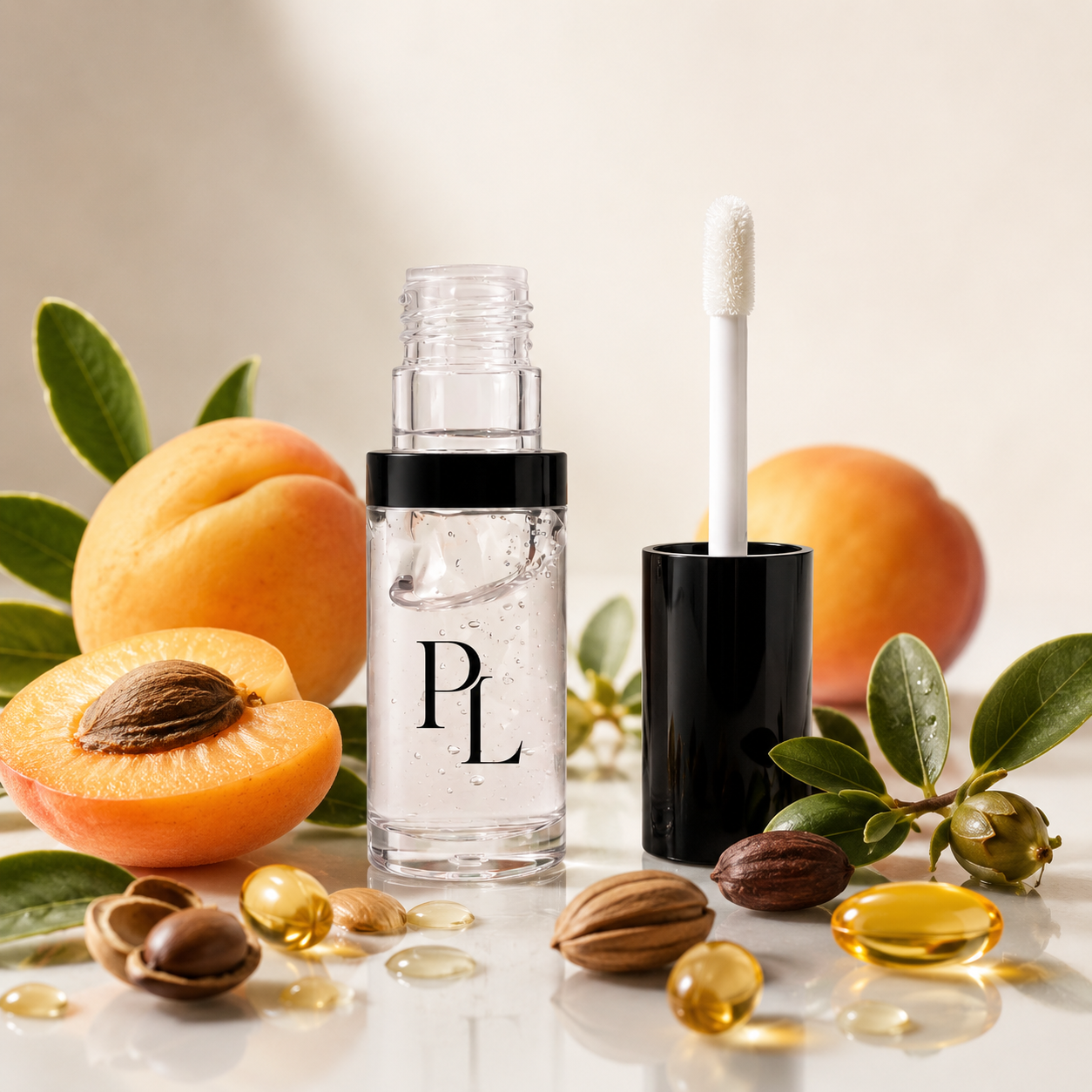 Cosmetic bottle with dropper and black container on a surface with apricots and leaves.