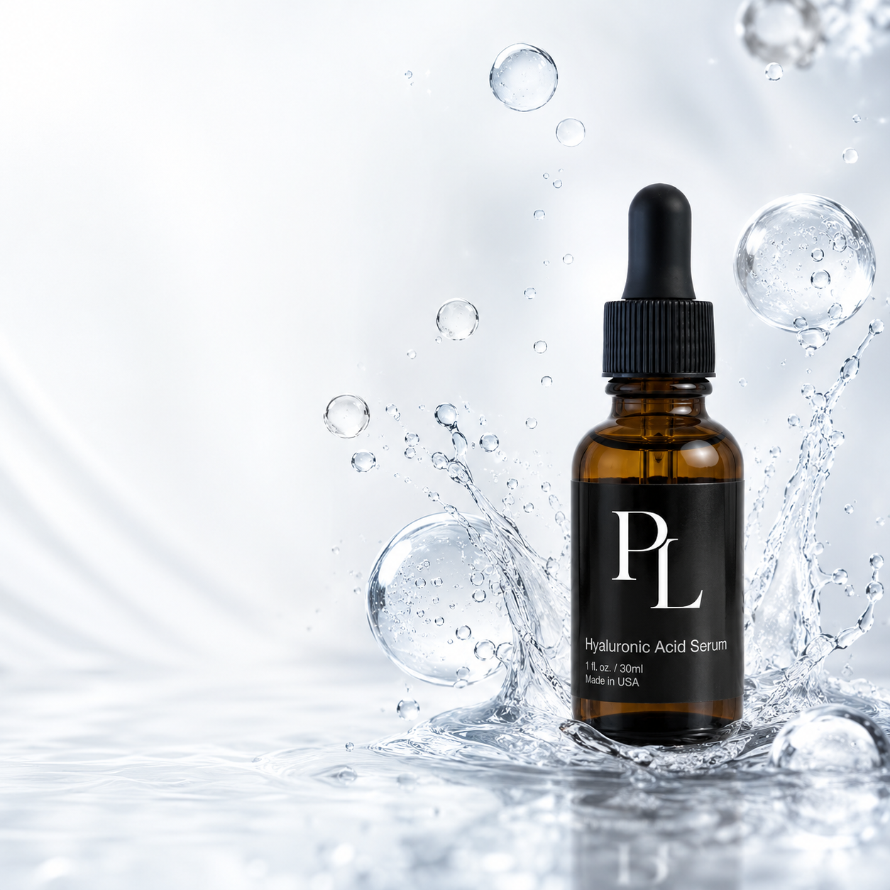 Brown glass bottle with dropper labeled 'PL' on a water splash background