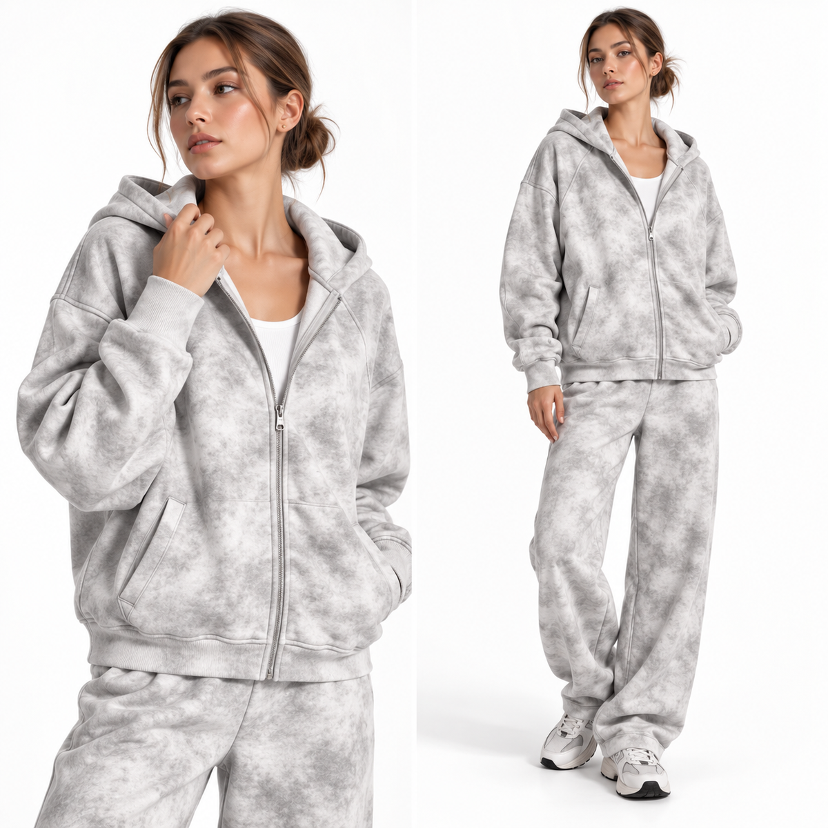 Dirty Washed Zip-Up Fleece Hoodie MarbledGraySweatsetStudioDiptych