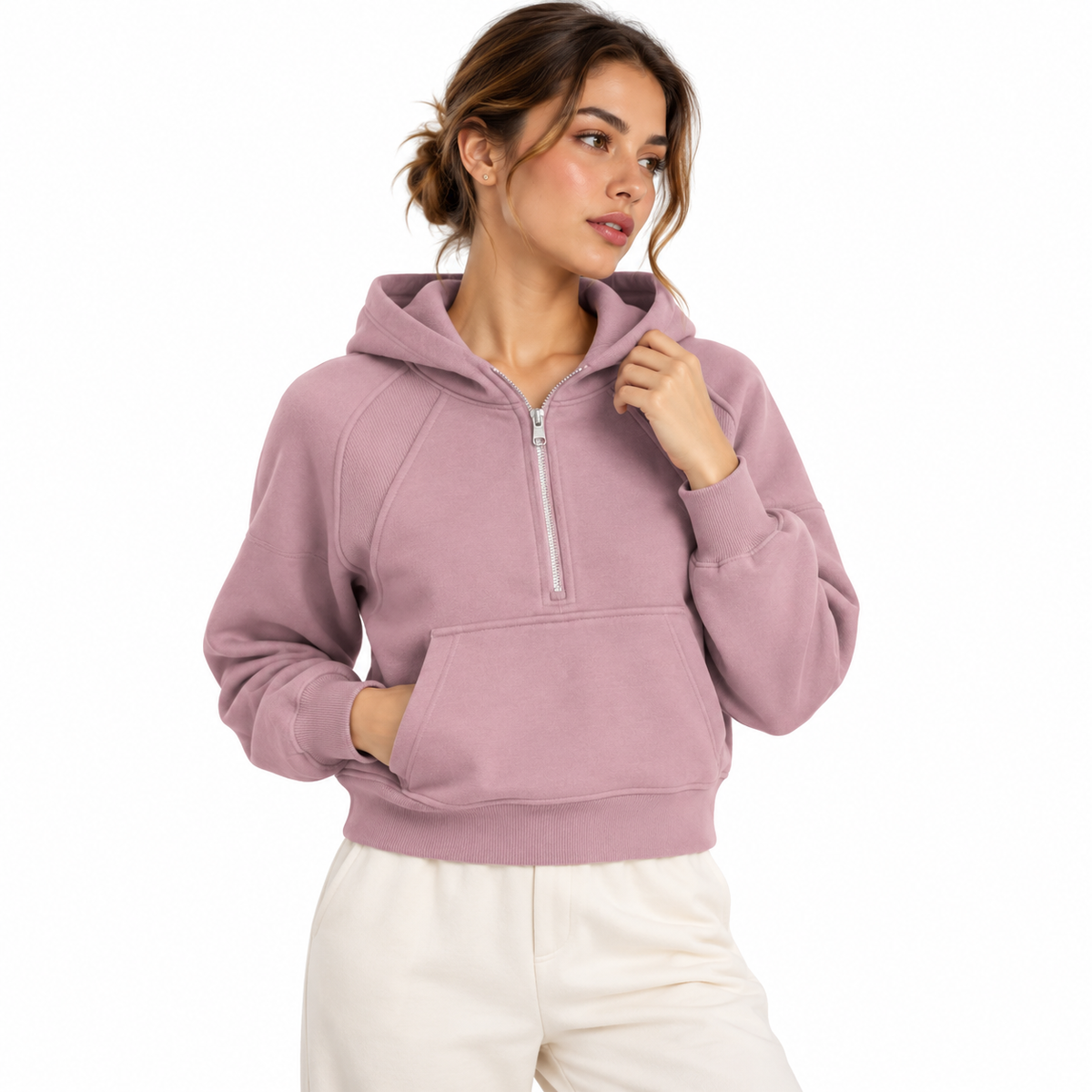 Cropped Half-Zip Hoodie MauveHalf-ZipHoodiePortrait