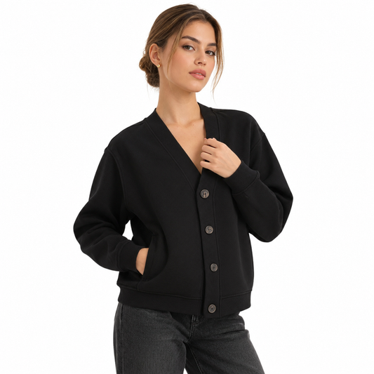 The Heavyweight V-Neck Sweat Cardigan MinimalBlackCardiganStudioPortrait