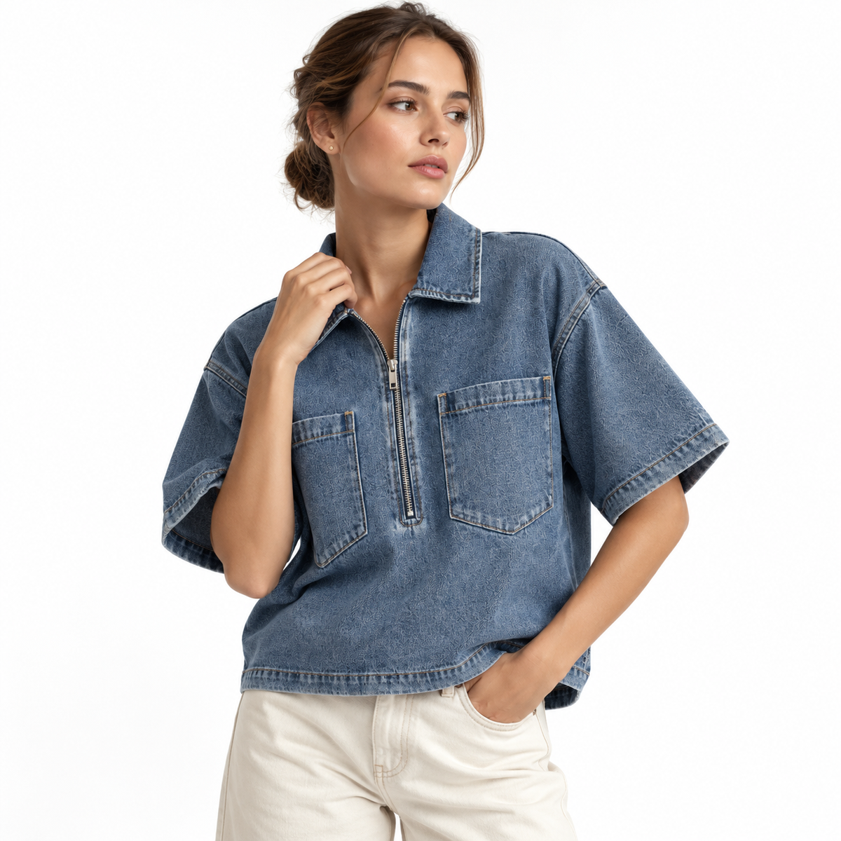 The Heritage Quarter-Zip Denim Overshirt MinimalDenimEditorialPortrait