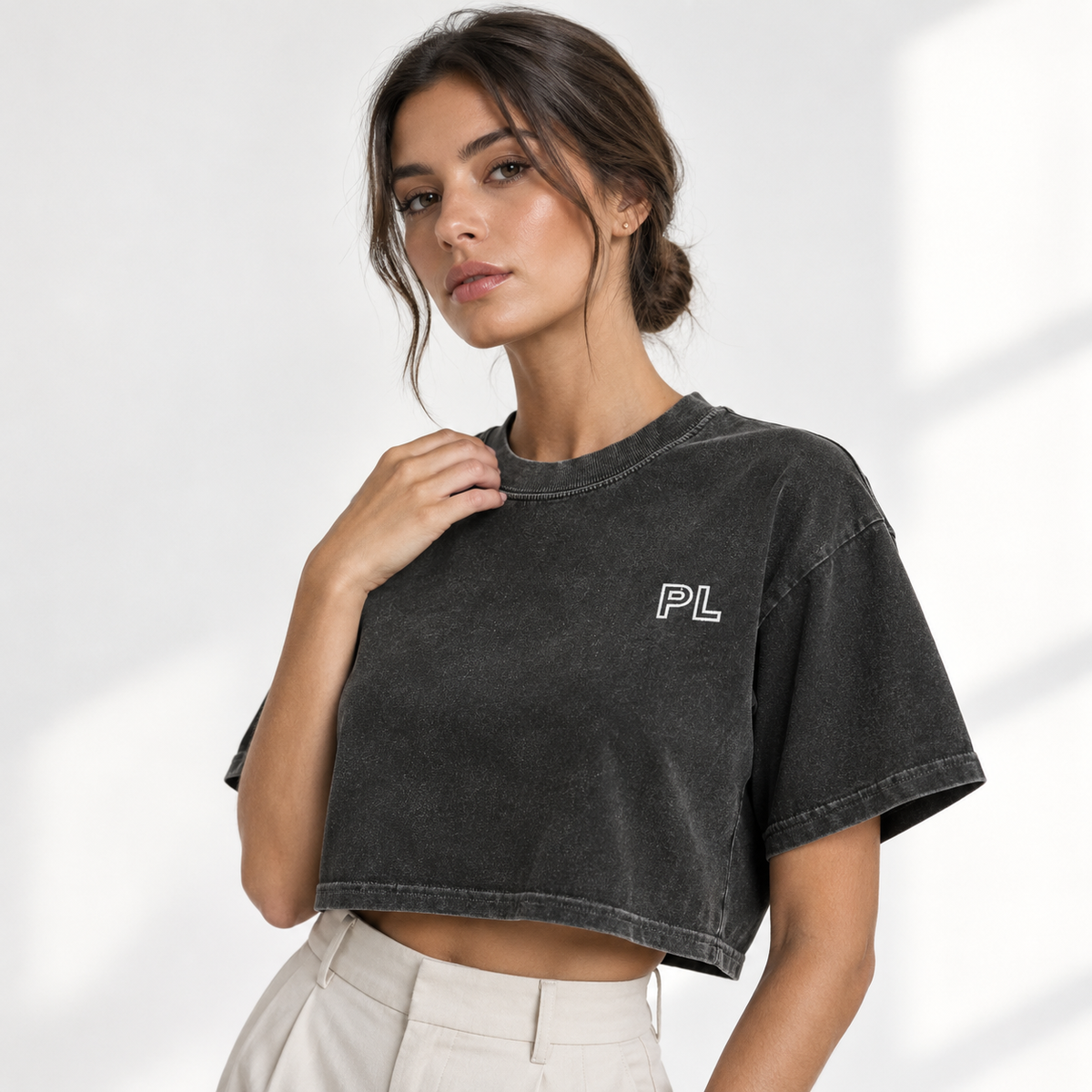 The Snow-Washed Cropped Classic Black Cotton Tee MinimalEditorialPortraitinCharcoalandCream