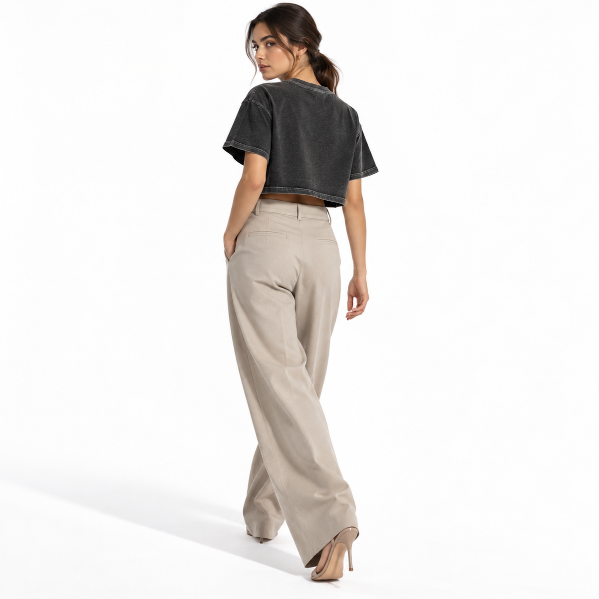 The Snow-Washed Cropped Classic Black Cotton Tee MinimalistBack-TurnFashionPortrait