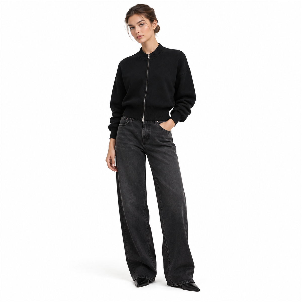 Women’s Mock Neck Zip Up Cardigan MinimalistBlackDenimStudioPortrait