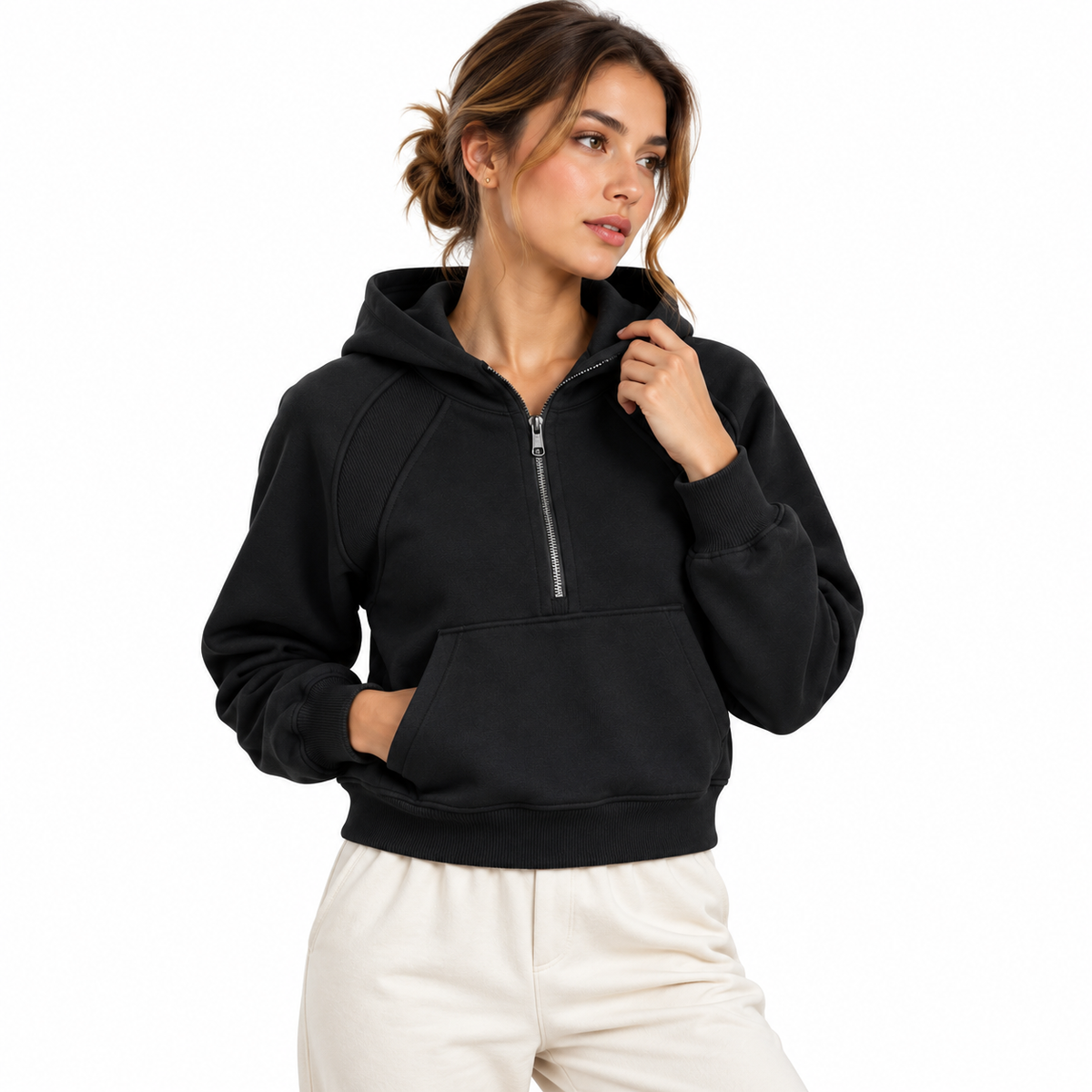 Cropped Half-Zip Hoodie MinimalistBlackHoodiePortrait
