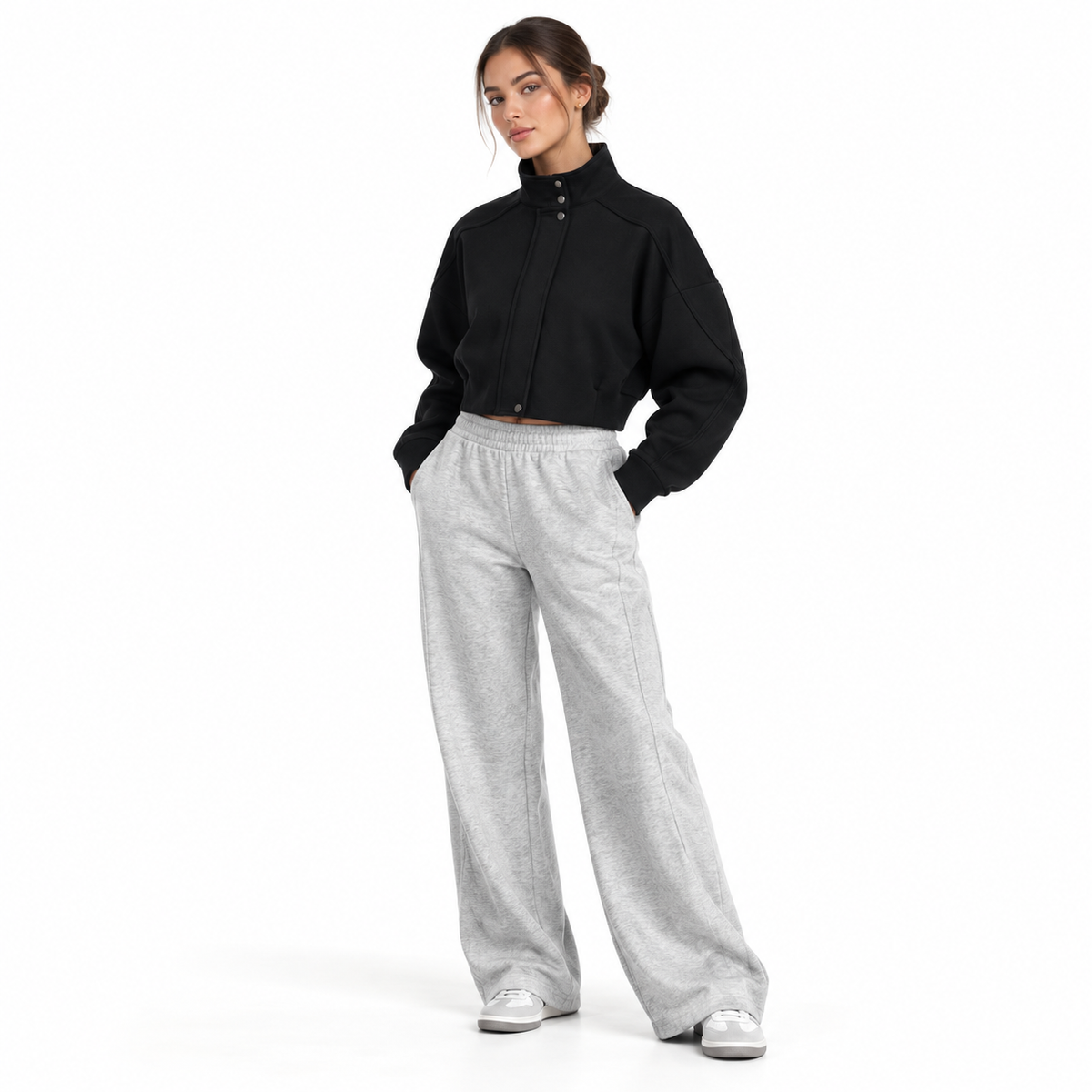 The Cropped Stand-Collar Button-Front Jacket MinimalistBlackJacketandGrayWide-LegAthleisure