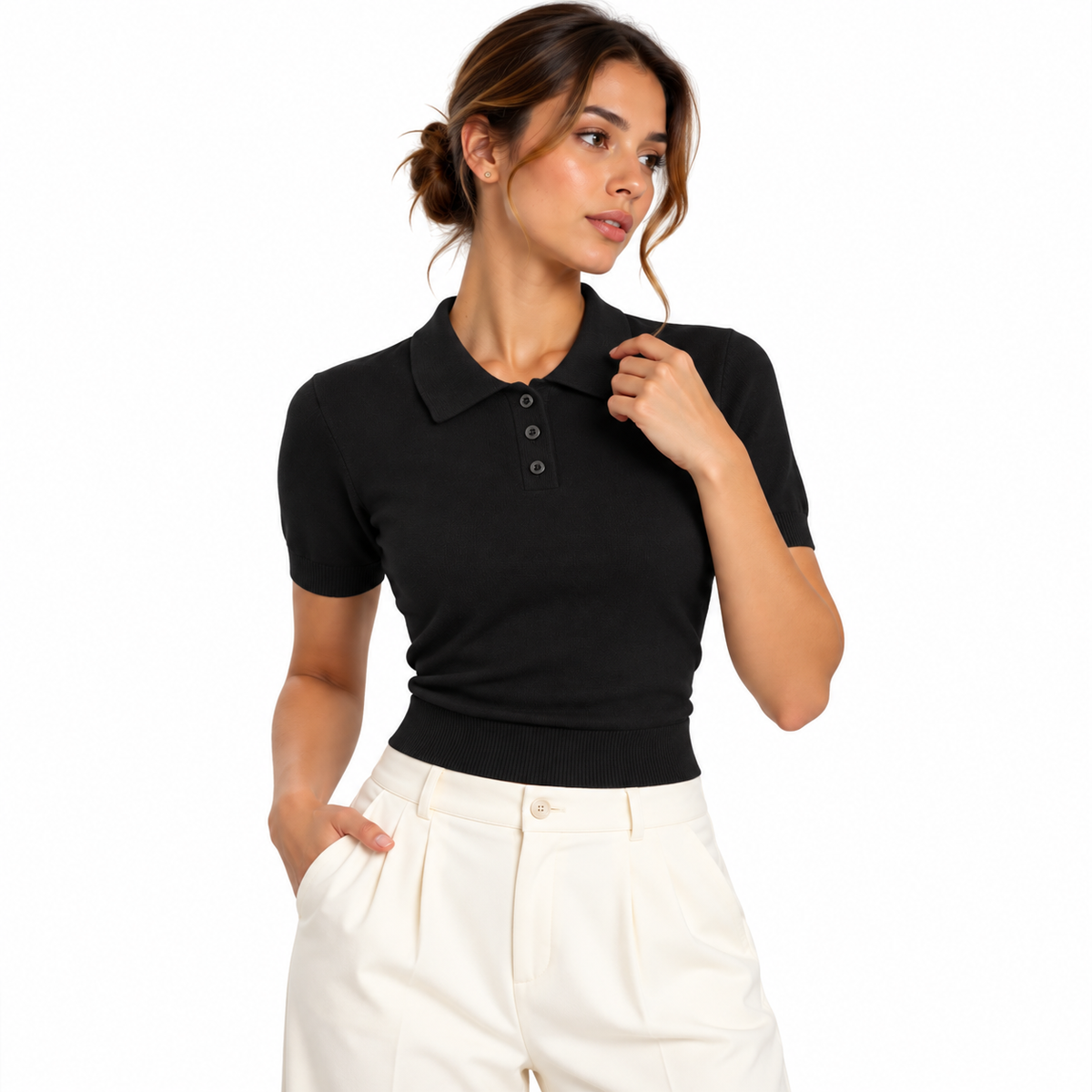 Women’s Knit Cotton o Shirt MinimalistBlackPoloandIvoryTrousers