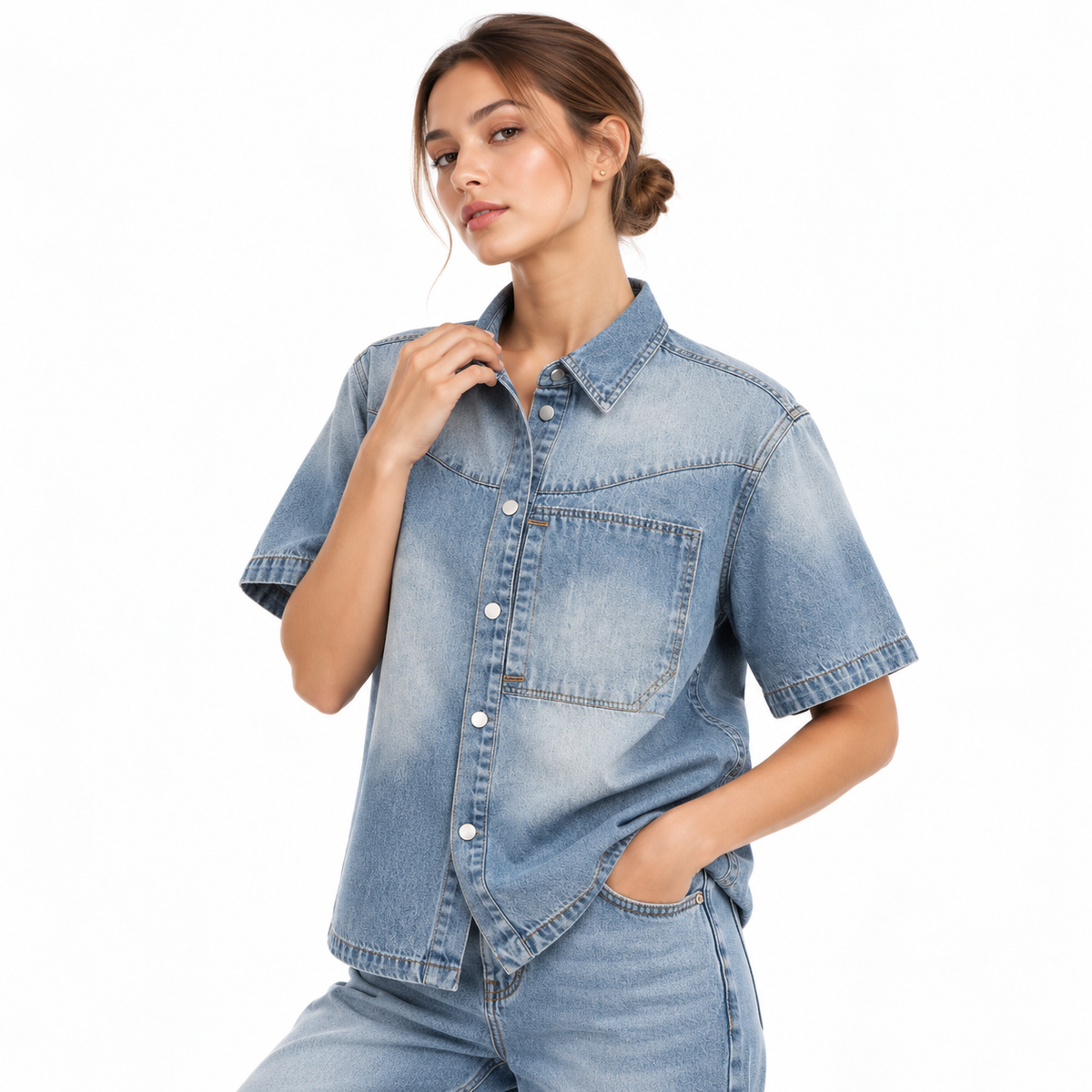 The Sun-Faded Boxy Denim Shirt MinimalistBlueDenimStudioPortrait