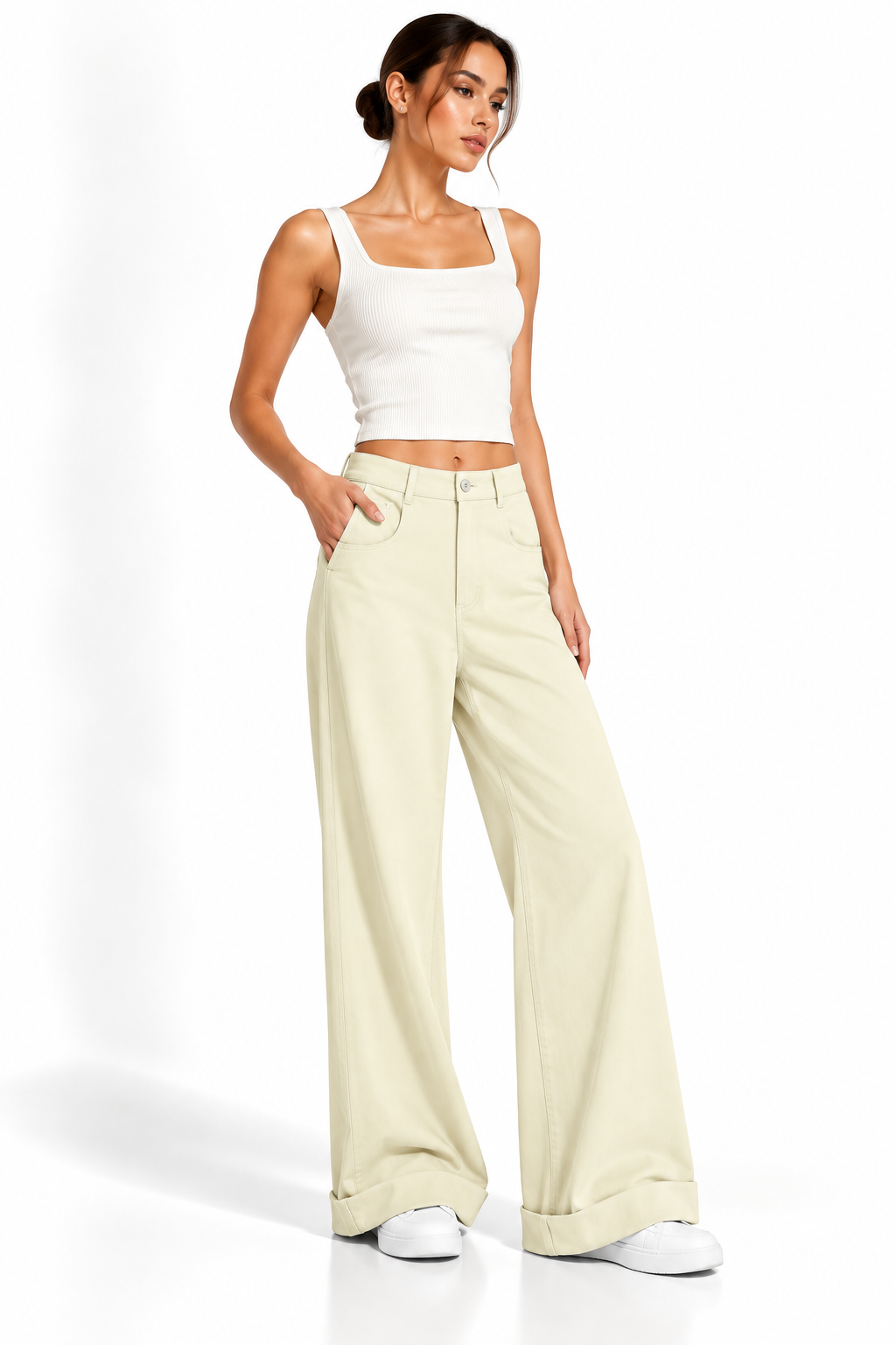Women’s Tencel Wide Leg Pants MinimalistCreamWide-LegFashionPortrait
