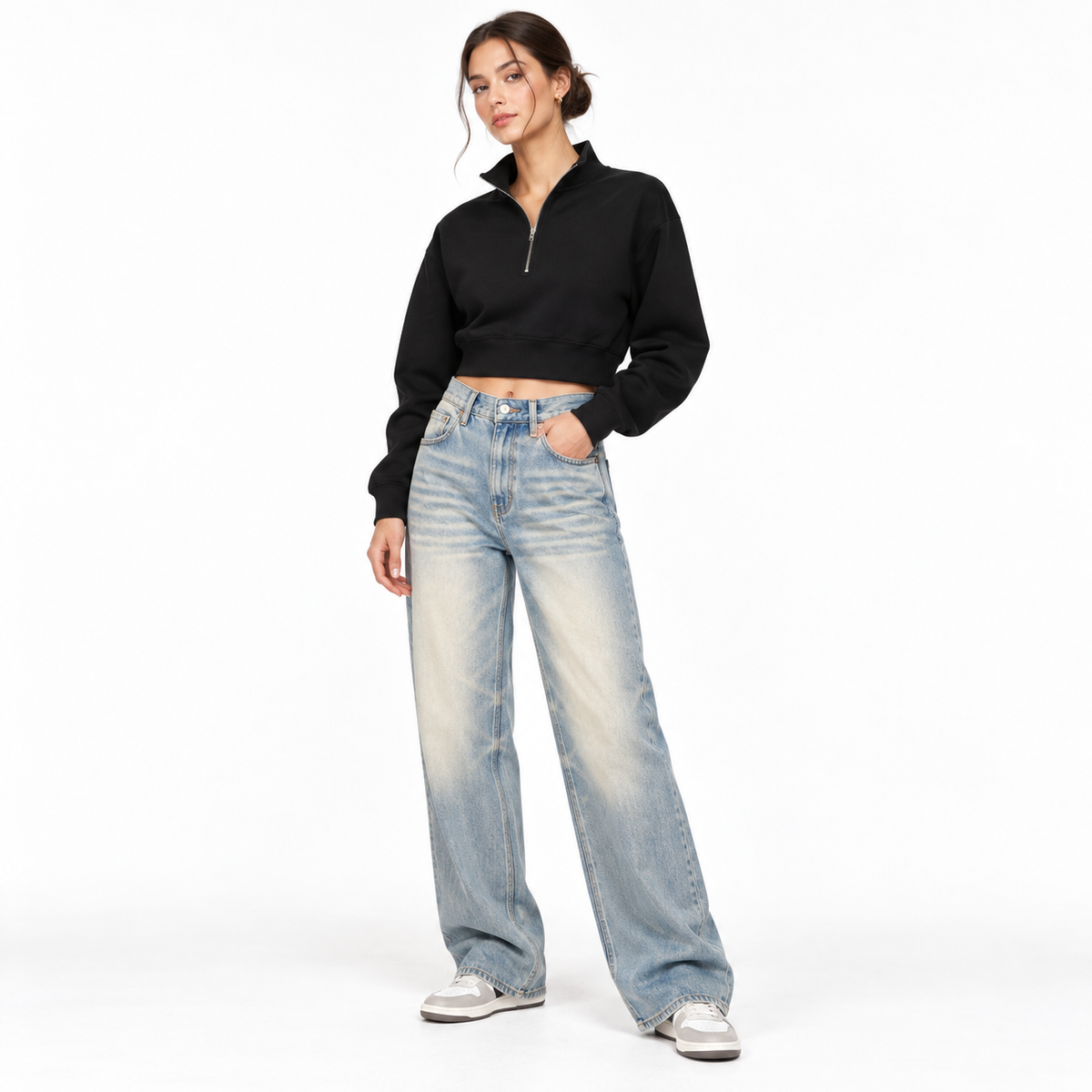 Women's Crop Quarter-Zip Sweatshirt MinimalistCroppedSweatshirtStreetwearLook