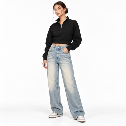 Women's Crop Quarter-Zip Sweatshirt MinimalistCroppedSweatshirtStreetwearLook
