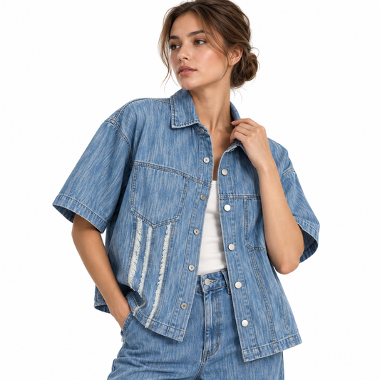 The Distressed Panel Vintage Denim Shirt MinimalistDenim-on-DenimPortrait