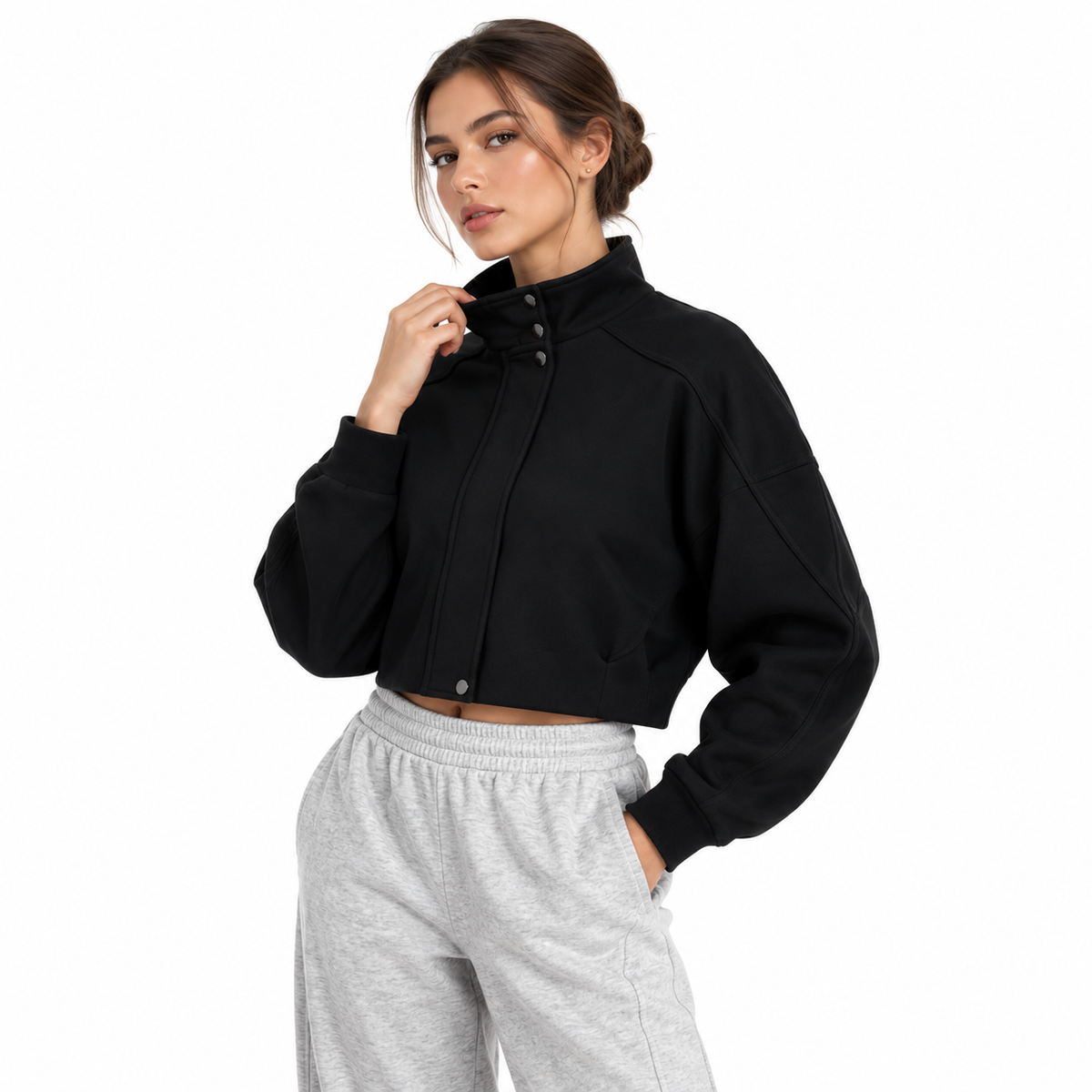 The Cropped Stand-Collar Button-Front Jacket MinimalistEditorialPortraitinBlackandGray