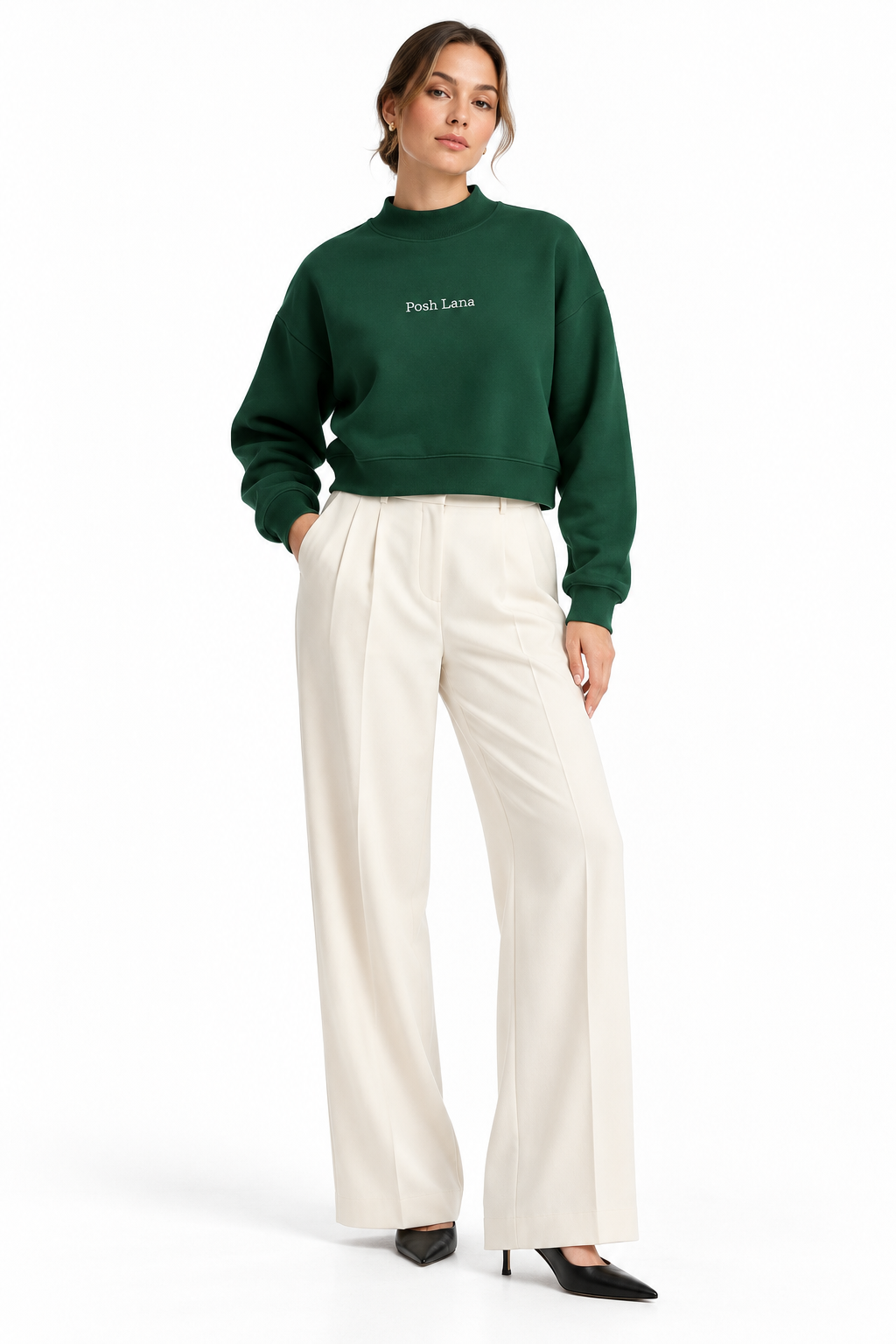 The Relaxed Fleece Mock-Neck Green Sweatshirt MinimalistGreenSweatshirtFashionPortrait