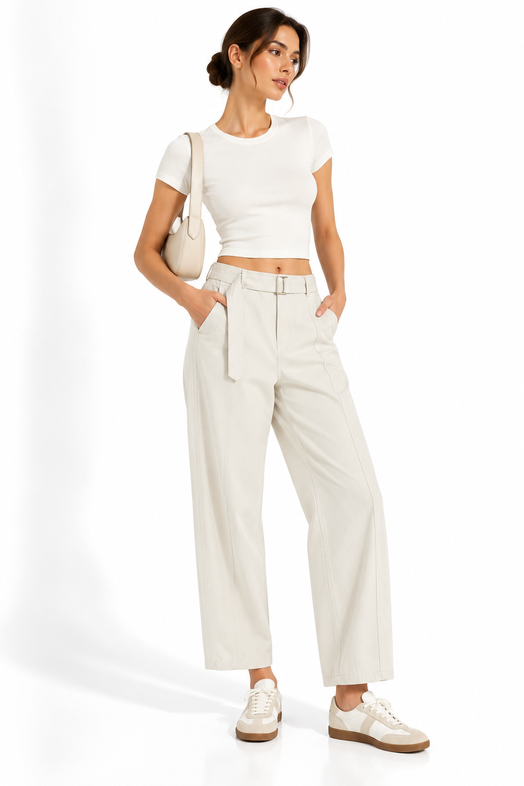 Belted Barrel-leg Chino Pants MinimalistIvoryStreetwearPortrait