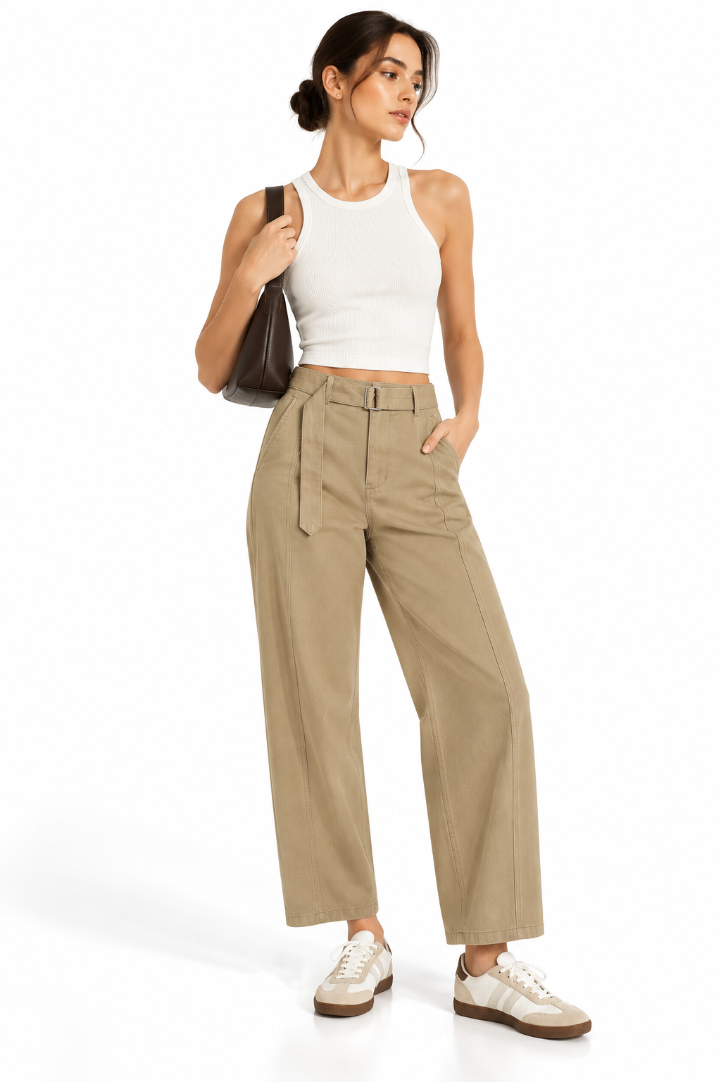Belted Barrel-leg Chino Pants MinimalistKhakiUtilityLookbook
