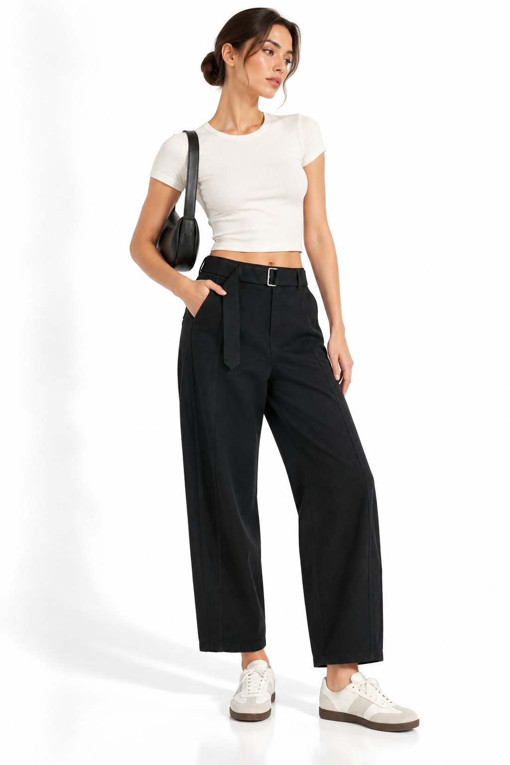 Belted Barrel-leg Chino Pants MinimalistMonochromeStudioFashion