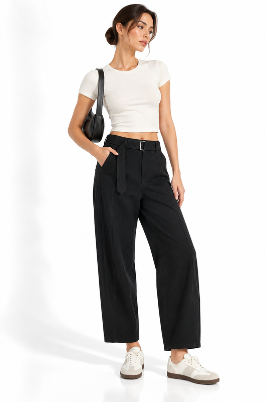 Belted Barrel-leg Chino Pants MinimalistMonochromeStudioFashion