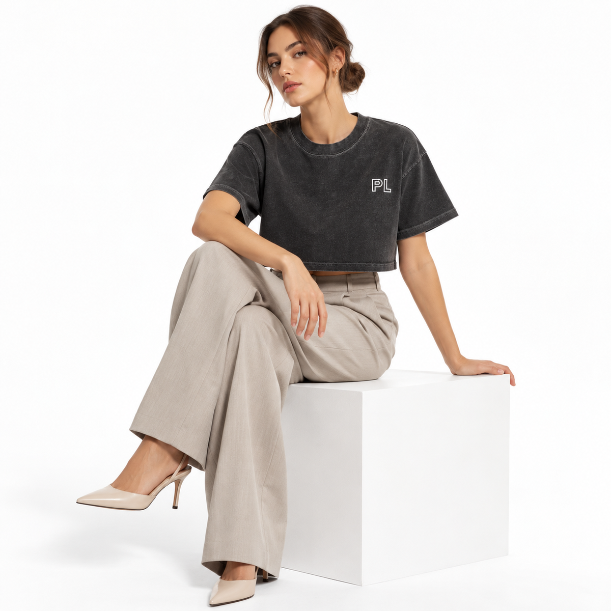 The Snow-Washed Cropped Classic Black Cotton Tee MinimalistPLFashionPortrait