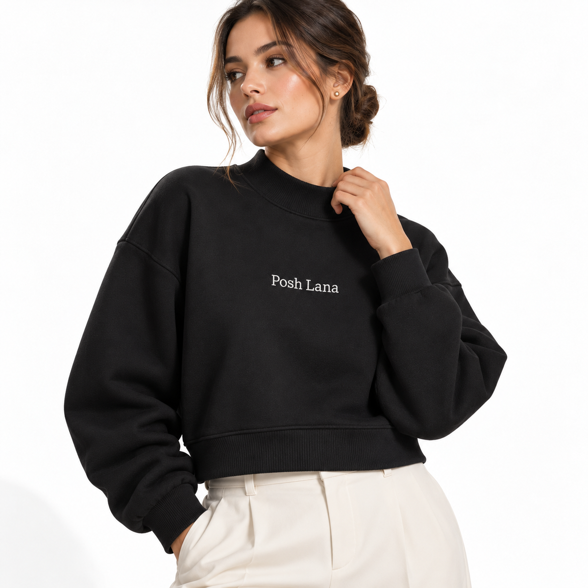 The Relaxed Fleece Mock-Neck Black Sweatshirt MinimalistPoshLanaLookbookPortrait