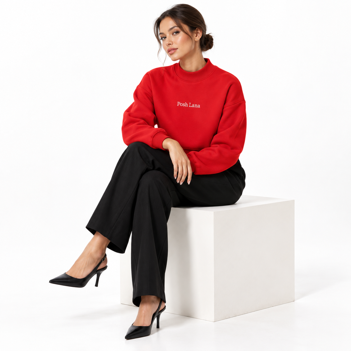 The Relaxed Fleece Mock-Neck Red Sweatshirt MinimalistRedSweatshirtFashionPortrait