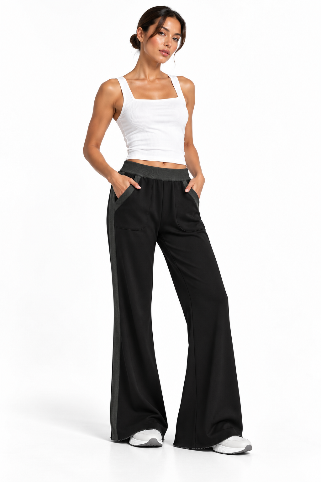 Women's Color Block Raw Hem Sweatpants MinimalistSportyWide-LegFashion