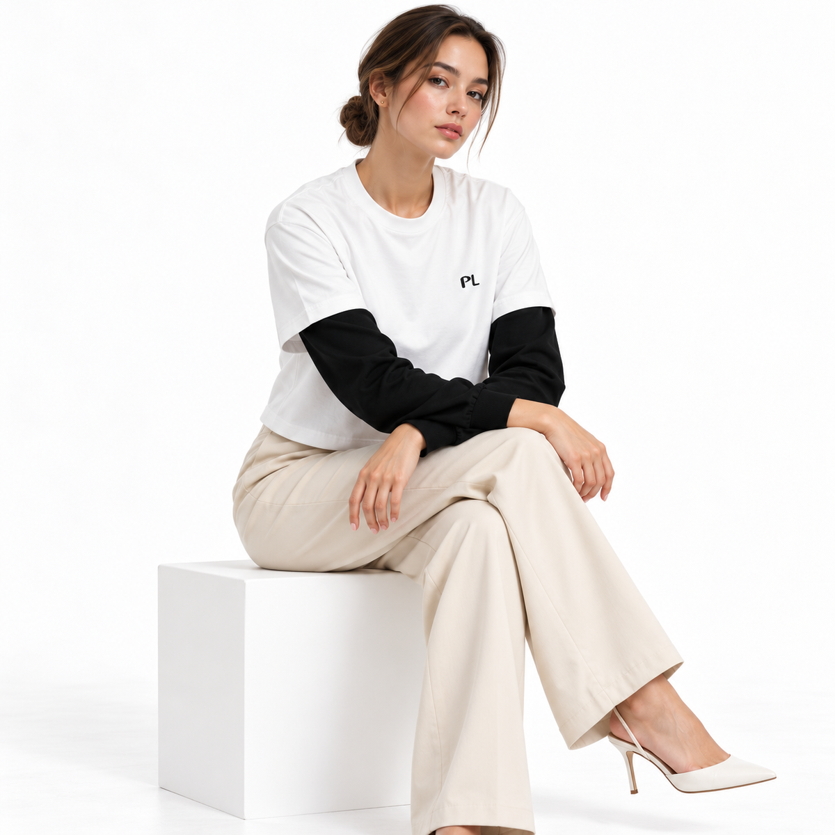 The Contrast Panel Long Sleeve White Tee MinimalistStudioFashionPortrait