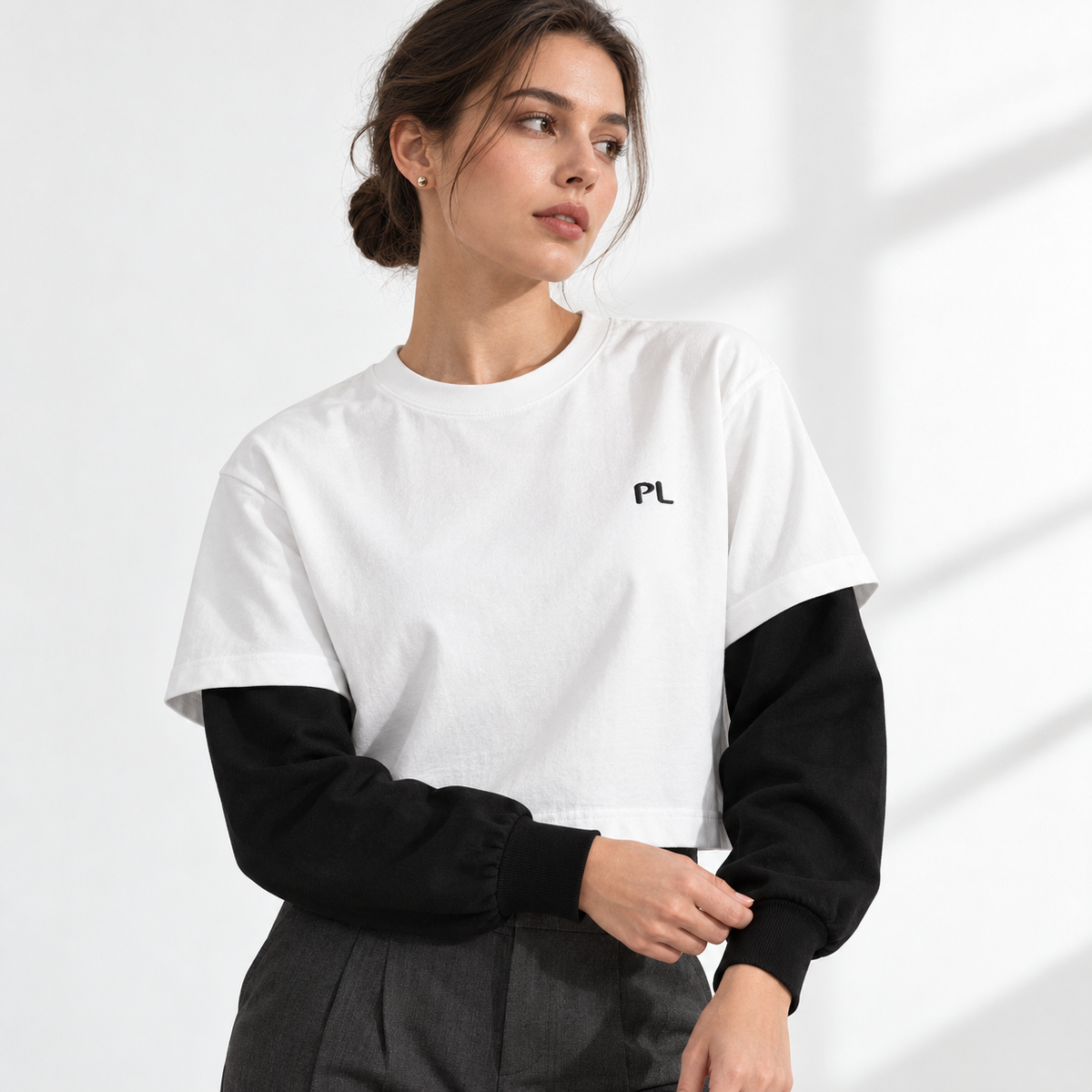 The Contrast Panel Long Sleeve White Tee MinimalistStudioPortraitwithLayeredSleeves