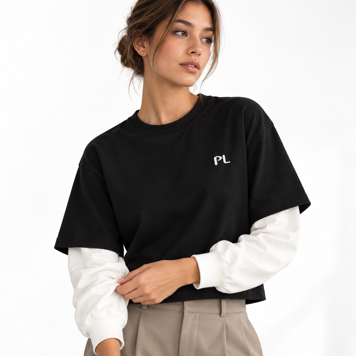 The Contrast Panel Long Sleeve Black Tee MinimalistStudioStreetwearPortrait