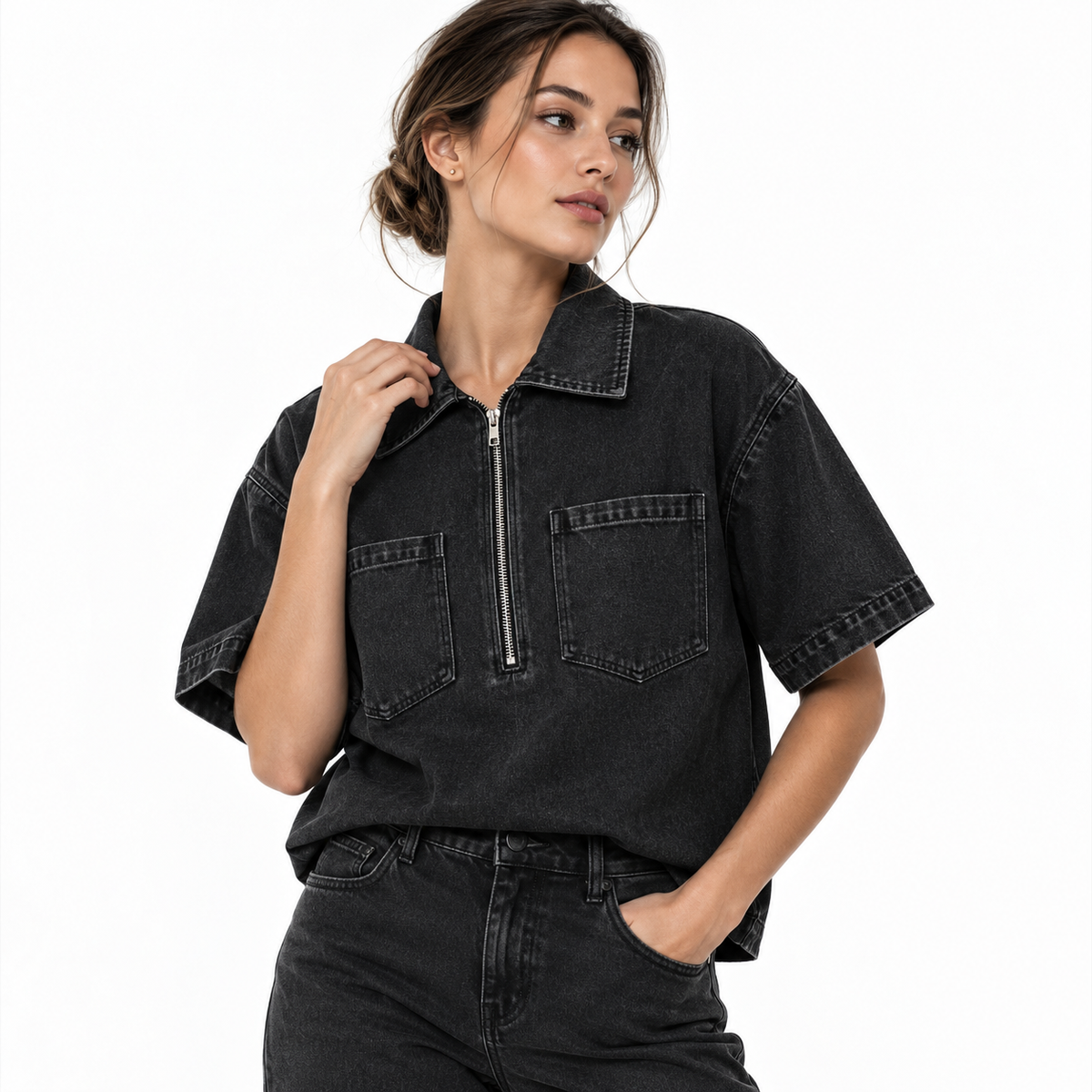 The Heritage Quarter-Zip Denim Overshirt MinimalistWashed-BlackDenimPortrait